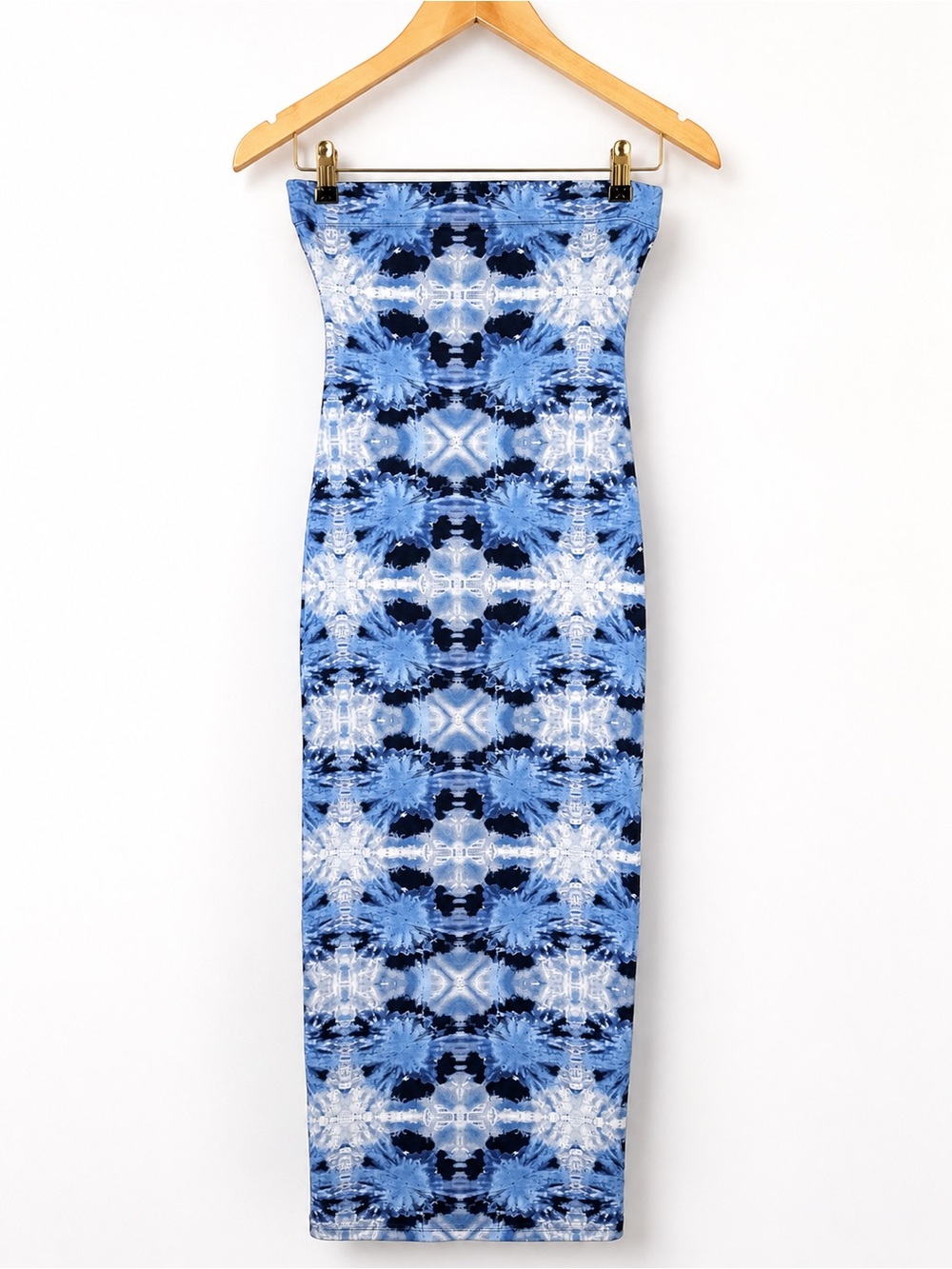 Blue Tie-Dye Print Strapless Tube Dress